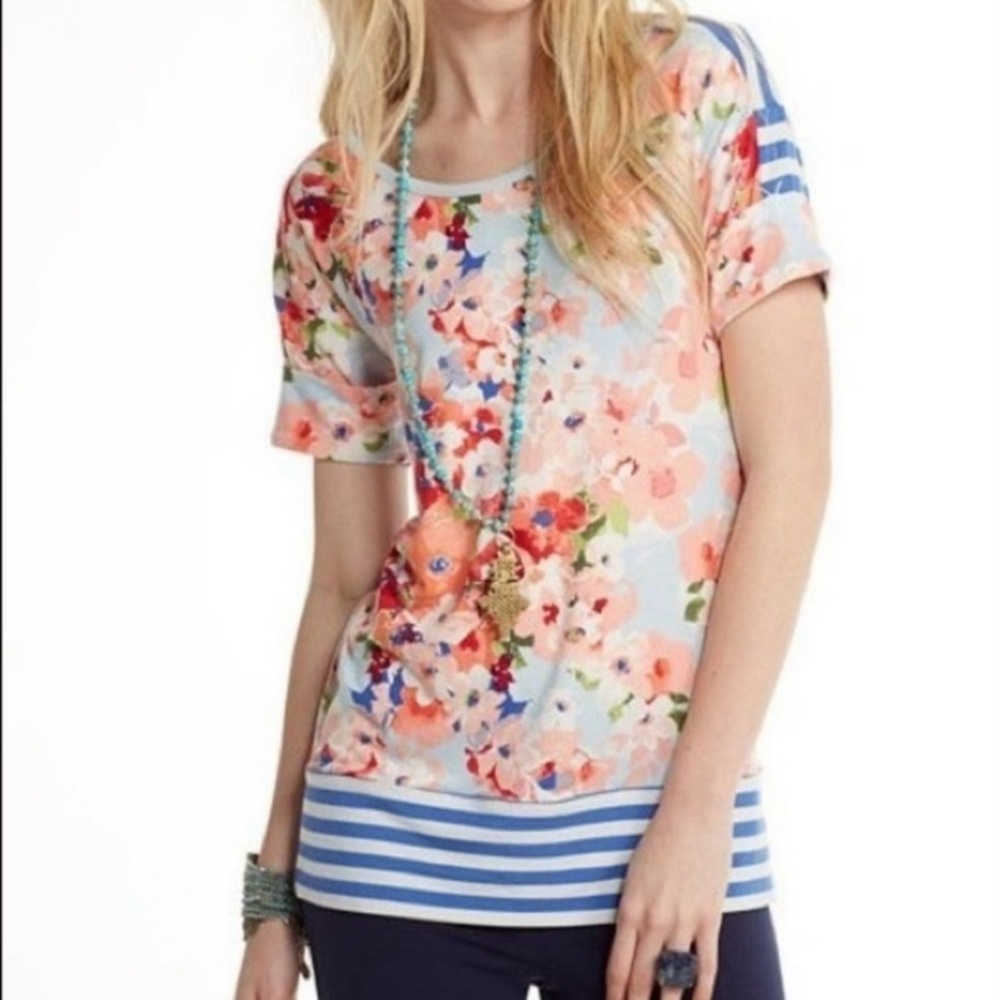 Matilda Jane NWT Bewitching Tidbit Top Sz Medium Blue Stripe Floral Top